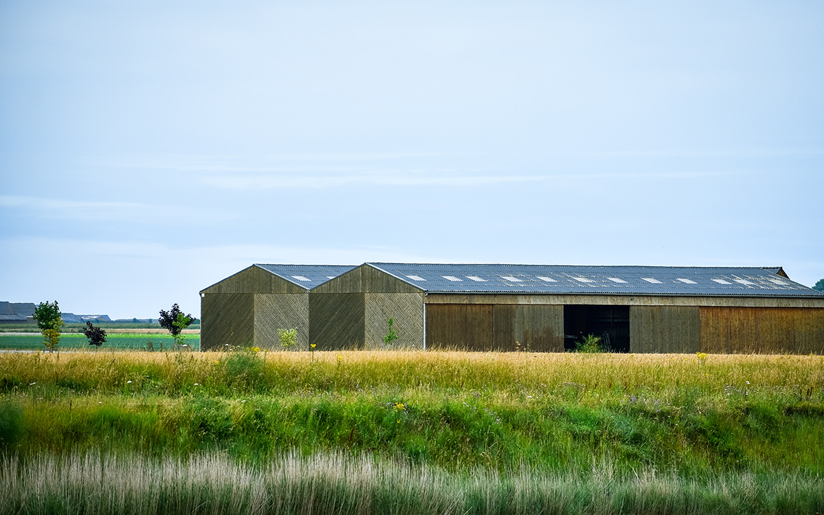 Barn or warehouse between meadows, and farmland. Blue sky for te