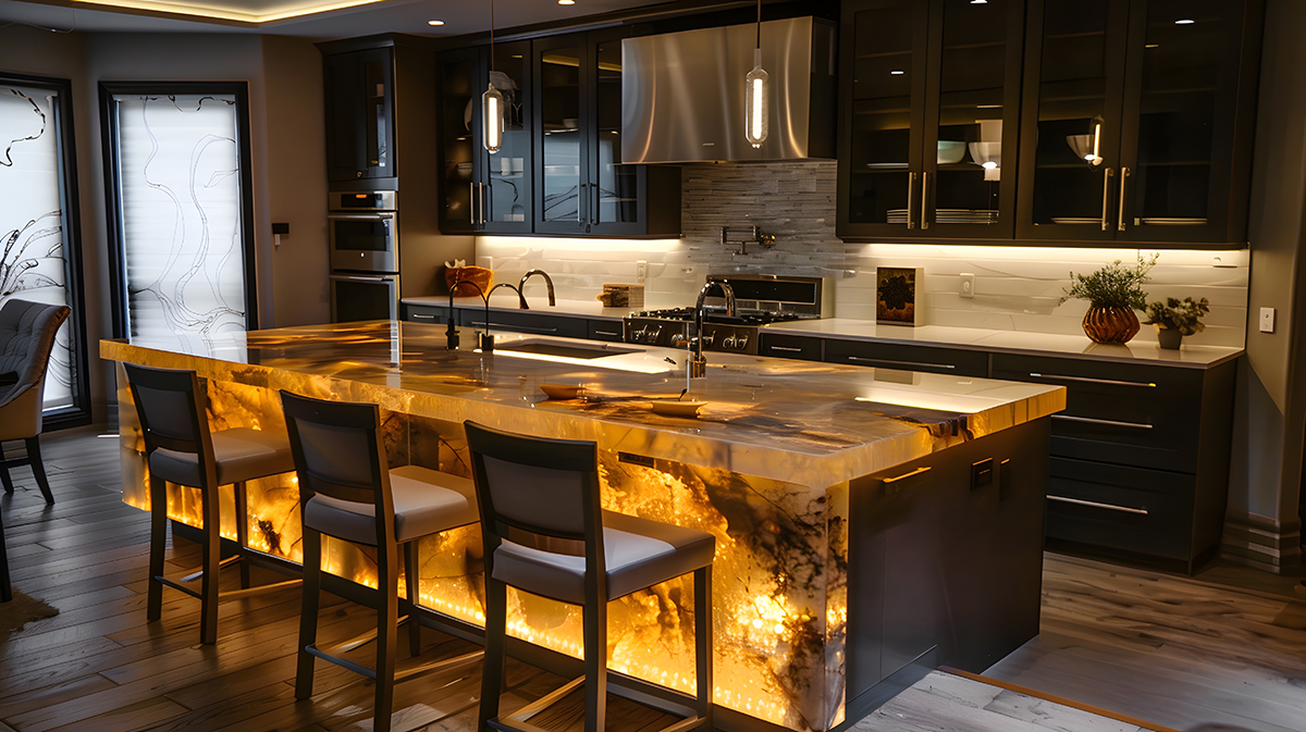 luxury kitchen with backlit glass cabinets